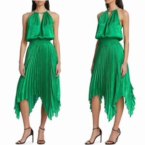 Ramy Brook Gia Palm Print Metallic Satin Jacquard Handkerchief Hem Dress Sz‎ S